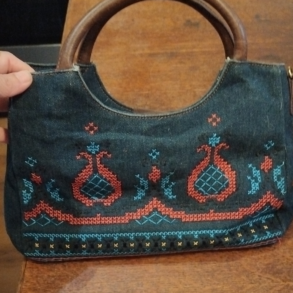 Relic Blue and Brown Shoulder Bag with Embroidered Design *stained*